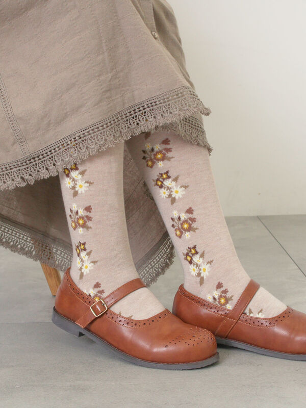 セール】 フラワーラインタイツ（グレー/ベージュ/ブラウン/レッグ