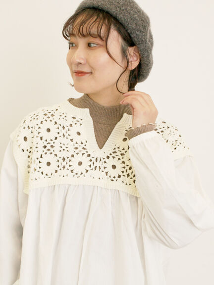 花柄ニット+布帛切替チュニック（ブラック/オレンジ/モカ/カーキ/キナリ）｜Samansa Mos2（サマンサ モスモス）通販