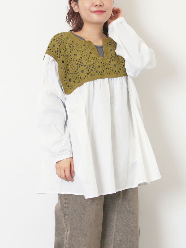 セール】 花柄ニット+布帛切替チュニック（ブラック/オレンジ/モカ