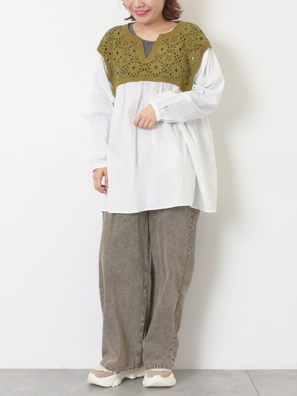 セール】 花柄ニット+布帛切替チュニック（ブラック/オレンジ/モカ