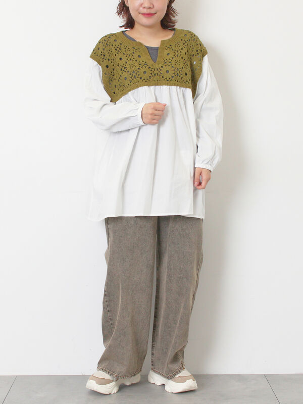 セール】 花柄ニット+布帛切替チュニック（ブラック/オレンジ/モカ