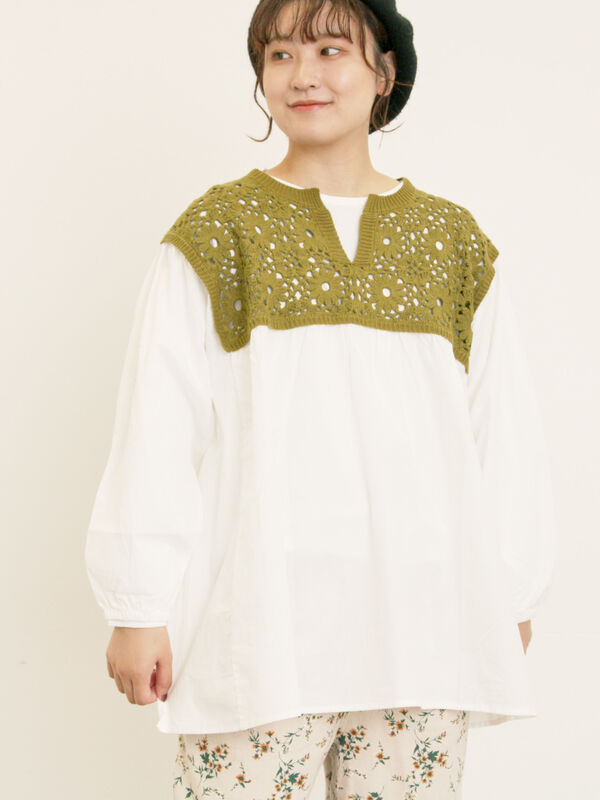 セール】 花柄ニット+布帛切替チュニック（ブラック/オレンジ/モカ