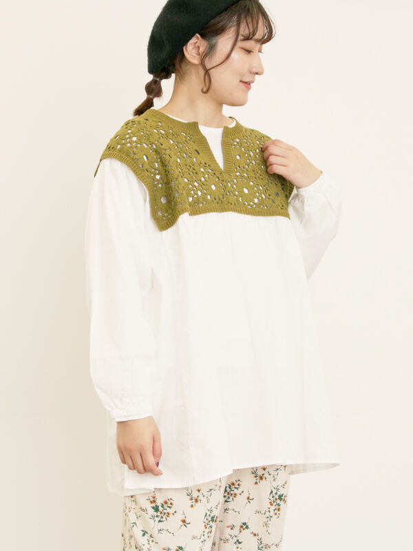 セール】 花柄ニット+布帛切替チュニック（ブラック/オレンジ/モカ