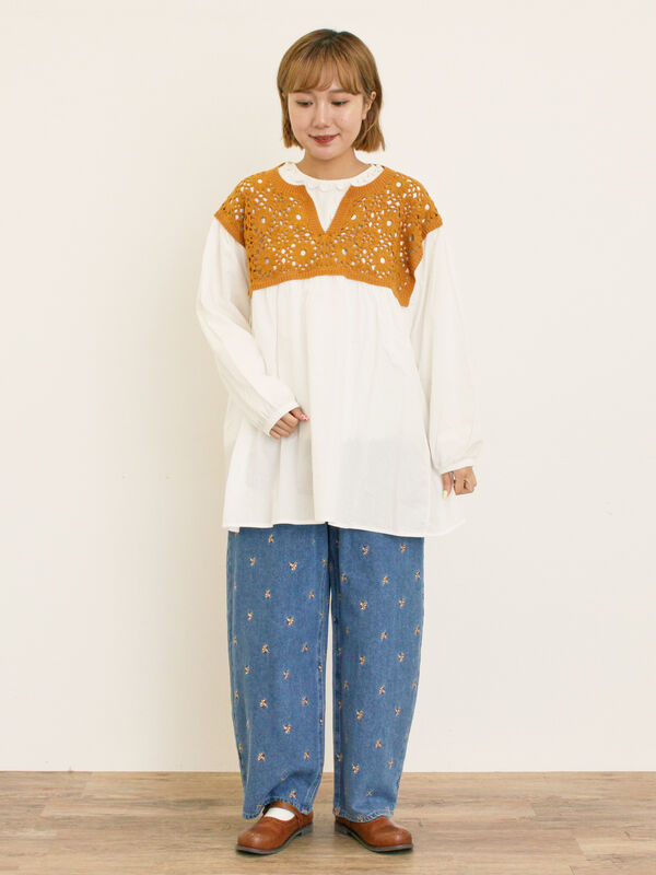 セール】 花柄ニット+布帛切替チュニック（ブラック/オレンジ/モカ