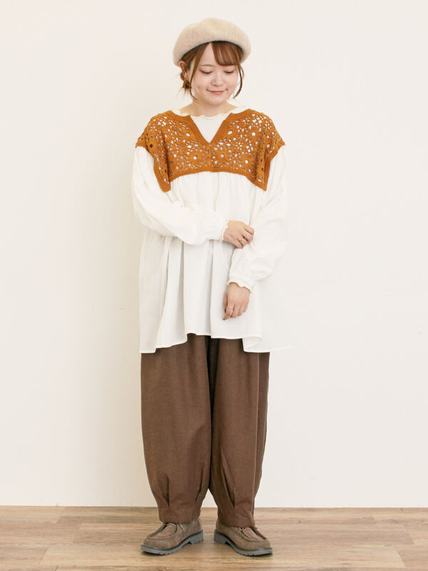 セール】 花柄ニット+布帛切替チュニック（ブラック/オレンジ/モカ