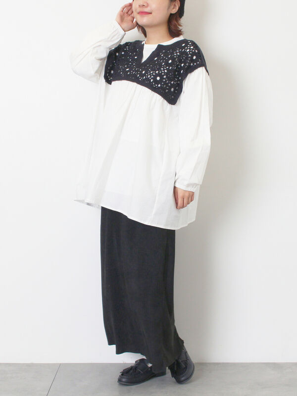 セール】 花柄ニット+布帛切替チュニック（ブラック/オレンジ/モカ