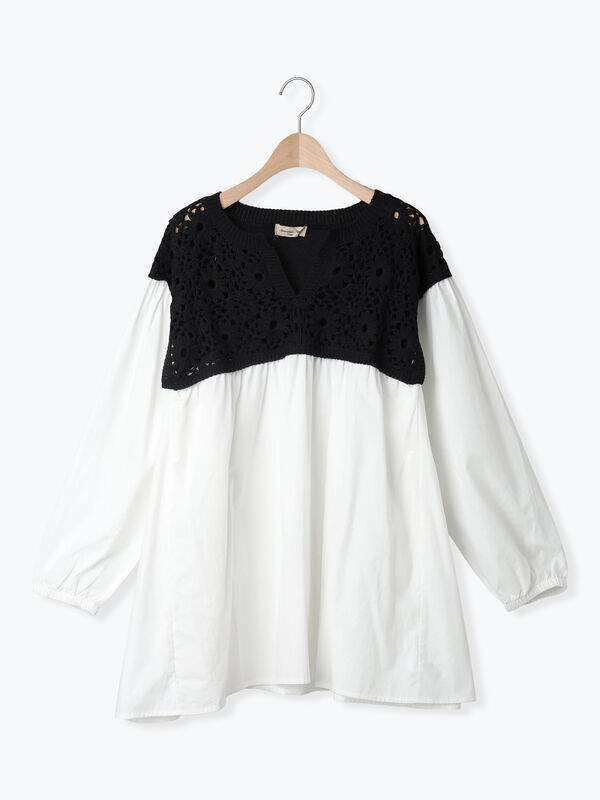 セール】 花柄ニット+布帛切替チュニック（ブラック/オレンジ/モカ