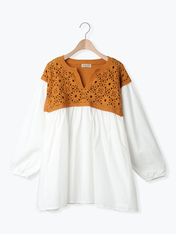 セール】 花柄ニット+布帛切替チュニック（ブラック/オレンジ/モカ