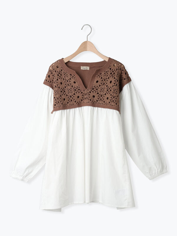 セール】 花柄ニット+布帛切替チュニック（ブラック/オレンジ/モカ