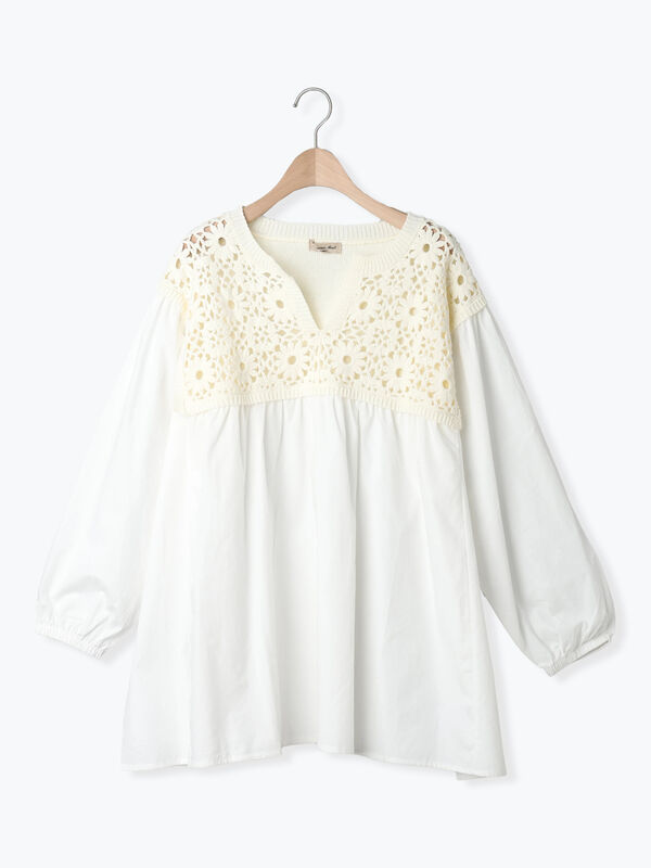 セール】 花柄ニット+布帛切替チュニック（ブラック/オレンジ/モカ