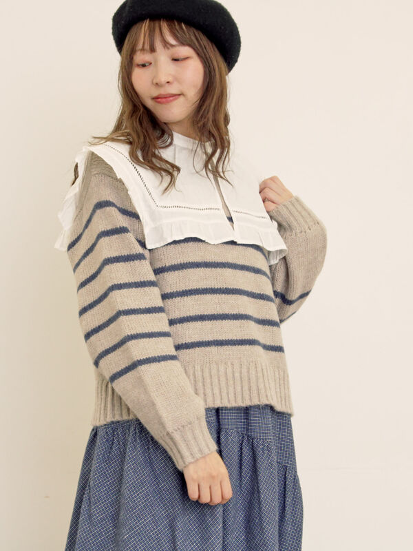 ロゴ刺繍パネルボーダーニット（グレー）｜Samansa Mos2（サマンサ モスモス）通販