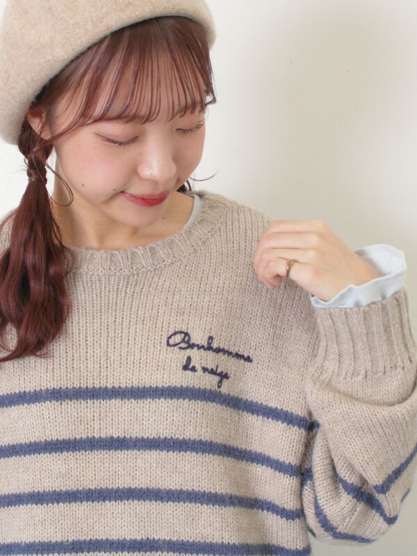 セール】 ロゴ刺繍パネルボーダーニット（グレー/イエロー/キナリ 