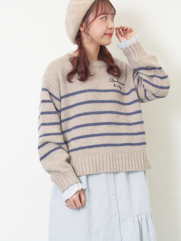 セール】 ロゴ刺繍パネルボーダーニット（グレー/イエロー/キナリ