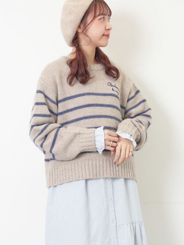 ボーダーモヘアニット&ボーダーニット セール】 ロゴ刺繍パネルボーダーニット（グレー/イエロー/キナリ