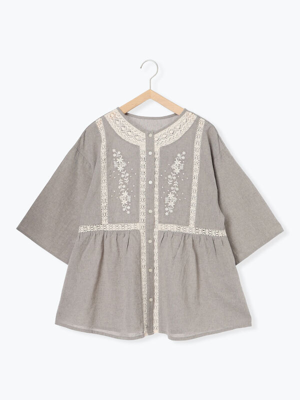 セール】 花刺繍切替えブラウス（グレー/チャコールグレー/マスタード