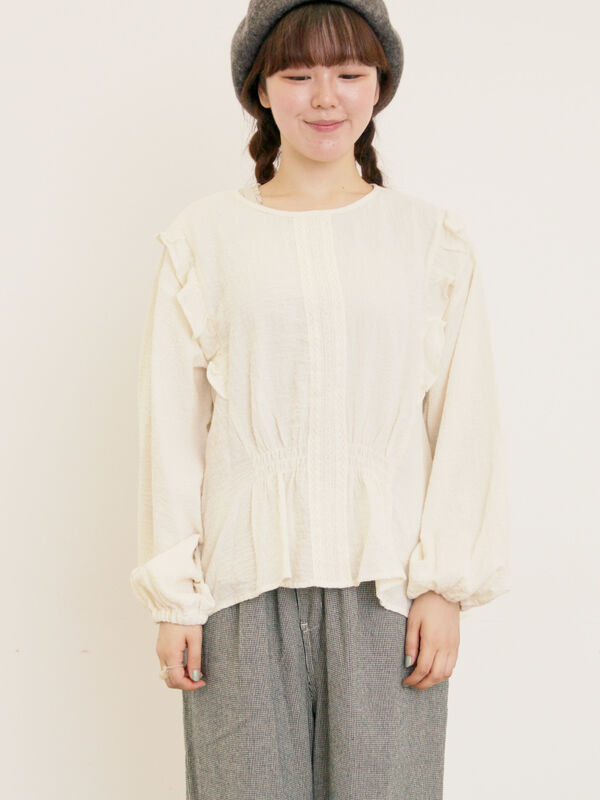 45R 前レースシャツブラウス セール】 フロントレースブラウス（ブラック/ブラウン/キナリ/トップス