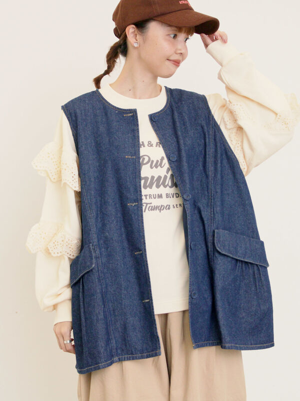 YUISANページ セール】 デニム/ツイルクルーネックベスト（ブラック/ブラウン/ブルー