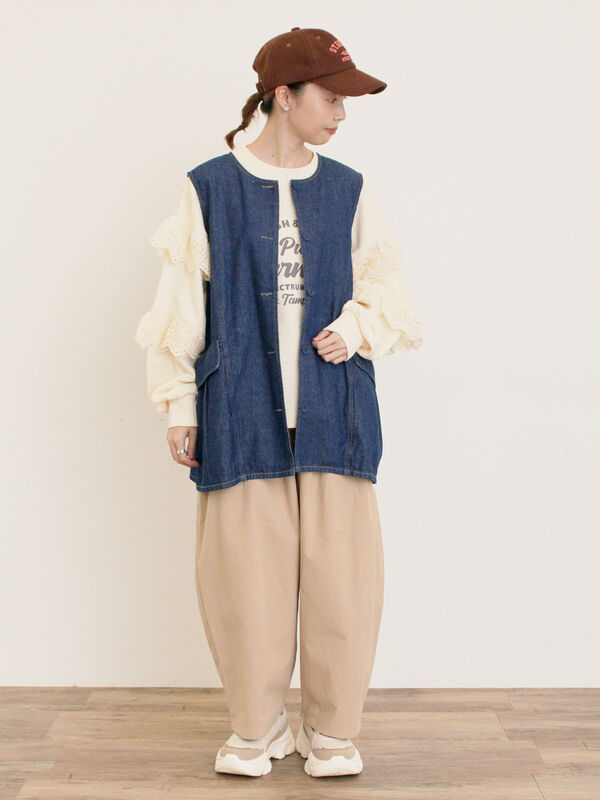 セール】 デニム/ツイルクルーネックベスト（ブラック/ブラウン/ブルー