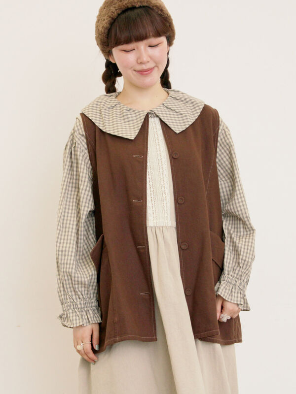 セール】 デニム/ツイルクルーネックベスト（ブラック/ブラウン/ブルー