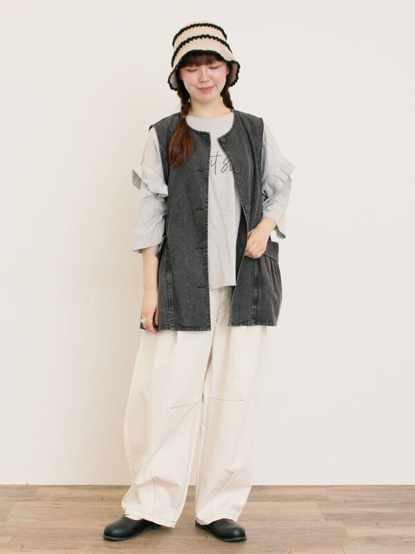 セール】 デニム/ツイルクルーネックベスト（ブラック/ブラウン/ブルー