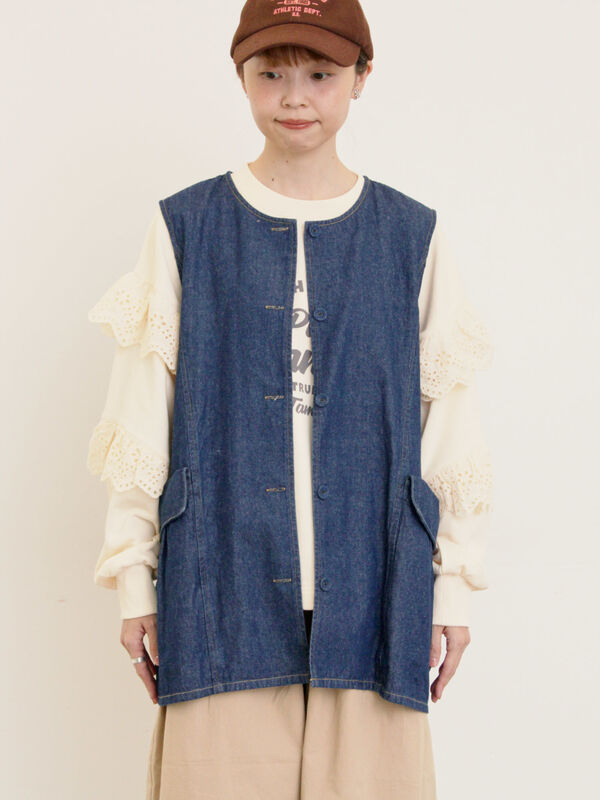 セール】 デニム/ツイルクルーネックベスト（ブラック/ブラウン/ブルー