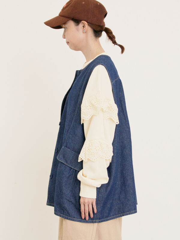 セール】 デニム/ツイルクルーネックベスト（ブラック/ブラウン/ブルー