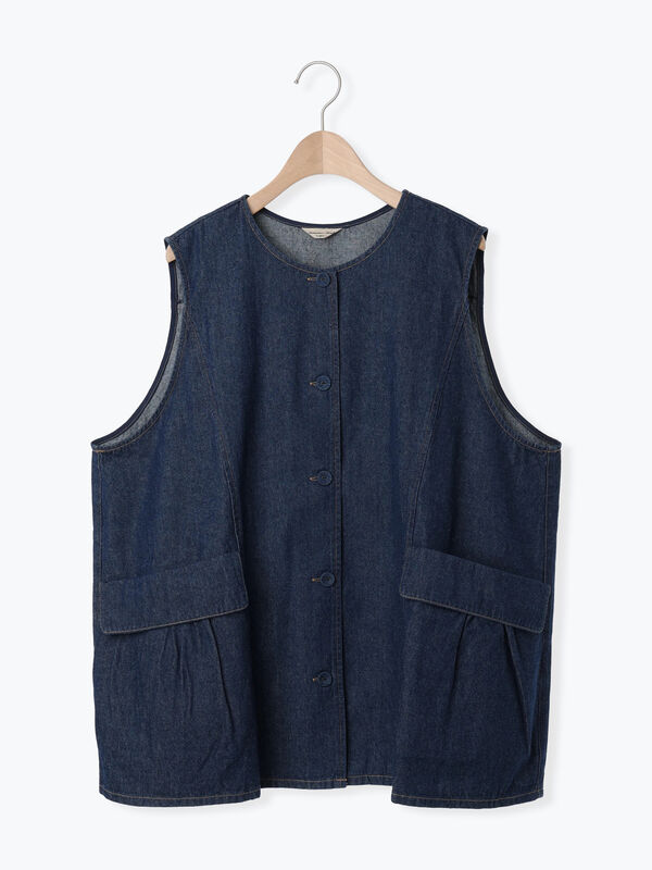 セール】 デニム/ツイルクルーネックベスト（ブラック/ブラウン/ブルー
