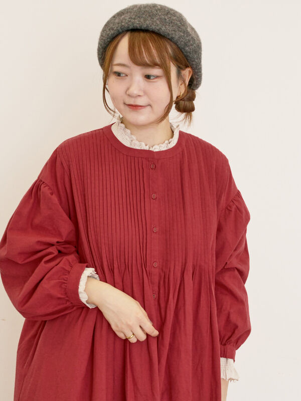 【S/Mサイズ】綿麻/デニムピンタックワンピース（チャコールグレー/レッド/ベージュ/グリーン/ネイビー）｜Samansa Mos2（サマンサ モスモス）通販