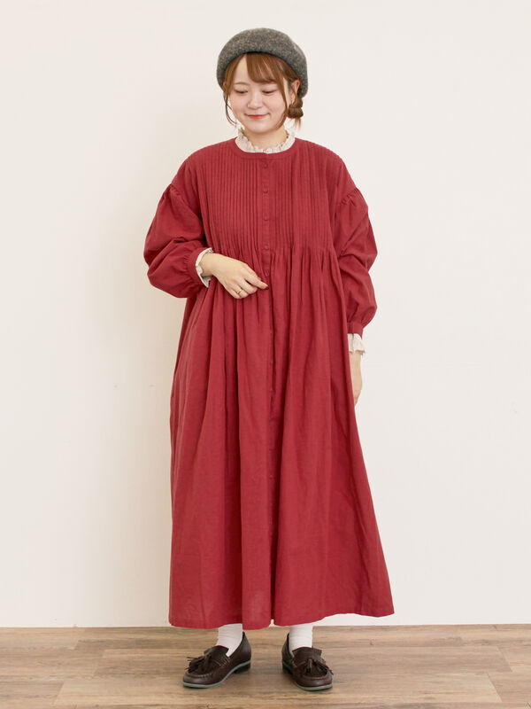 S/Mサイズ】綿麻/デニムピンタックワンピース（チャコールグレー