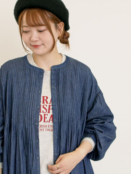 【S/Mサイズ】綿麻/デニムピンタックワンピース（チャコールグレー/レッド/ベージュ/グリーン/ネイビー）｜Samansa Mos2（サマンサ モスモス）通販