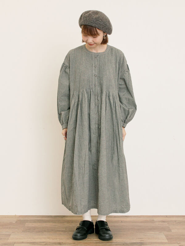 セール】 【S/Mサイズ】綿麻/デニムピンタックワンピース