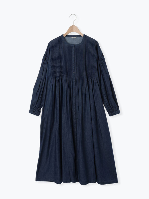 セール】 【S/Mサイズ】綿麻/デニムピンタックワンピース