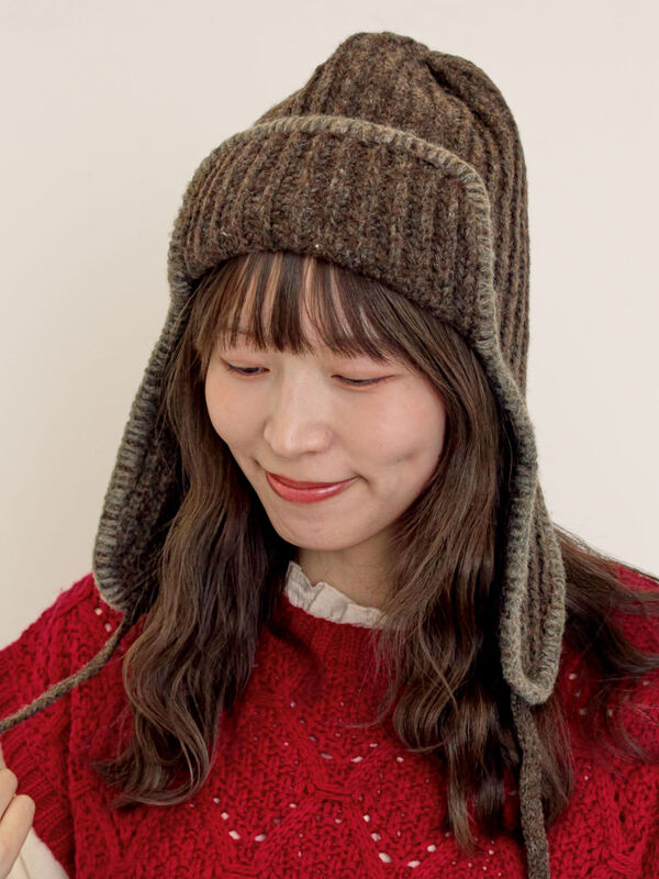 セール】 配色ステッチニットフライトキャップ（レッド/ベージュ