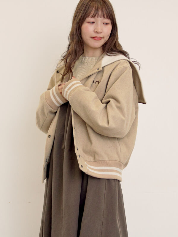 セール】 ウール混セーラーカラー2WAY刺繍スタジャン（グレー/ベージュ