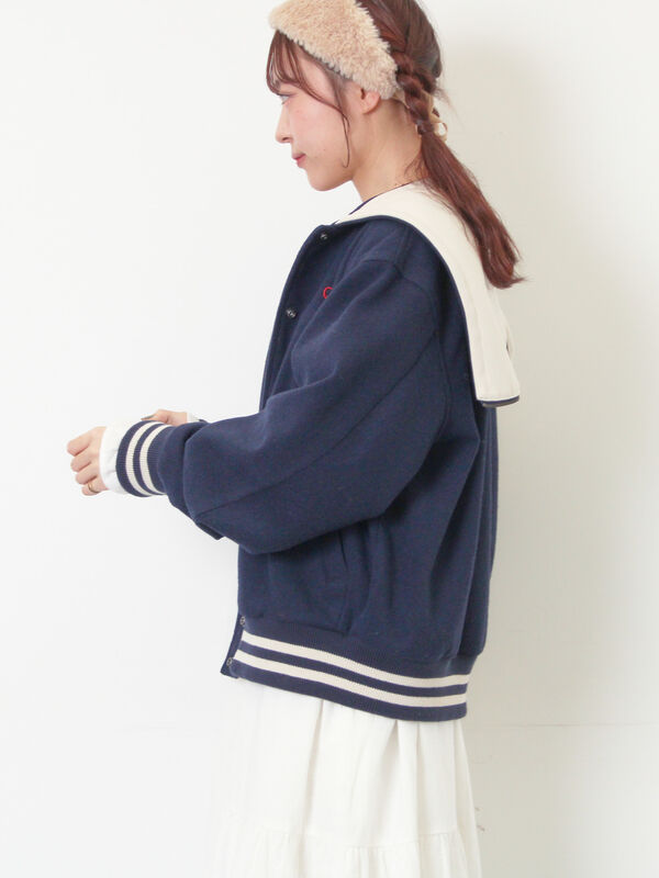 セール】 ウール混セーラーカラー2WAY刺繍スタジャン（グレー/ベージュ