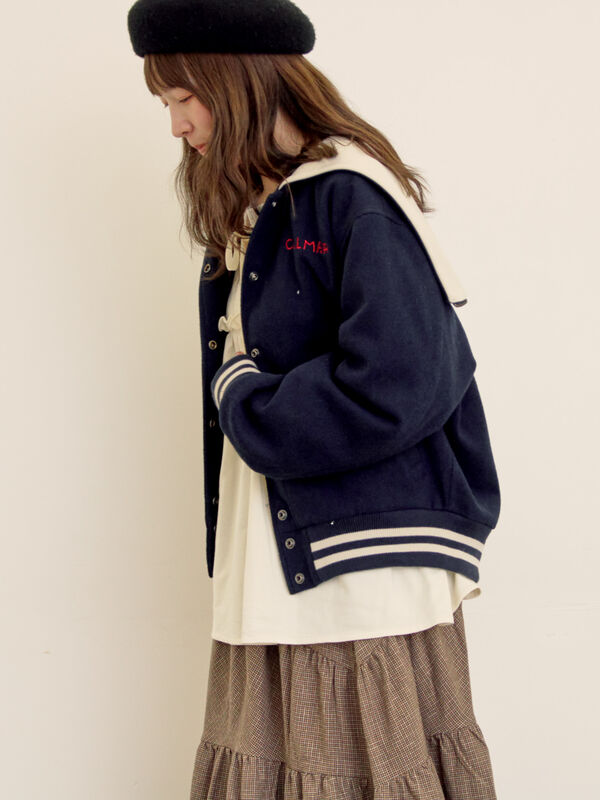 ウール混セーラーカラー2WAY刺繍スタジャン（グレー/ベージュ/ネイビー
