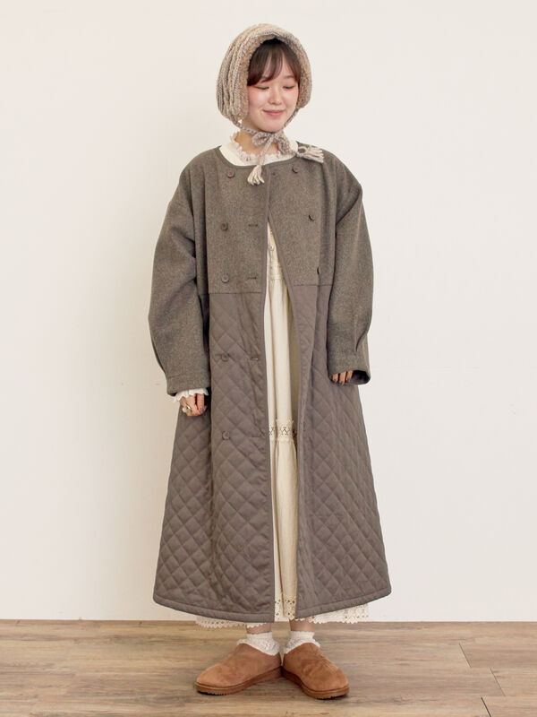 セール】 メルトン切替キルティングコート（チャコールグレー/ベージュ