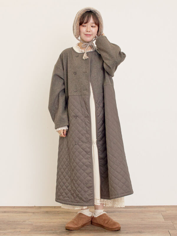 セール】 メルトン切替キルティングコート（チャコールグレー/ベージュ