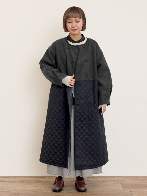 セール】 メルトン切替キルティングコート（チャコールグレー/ベージュ