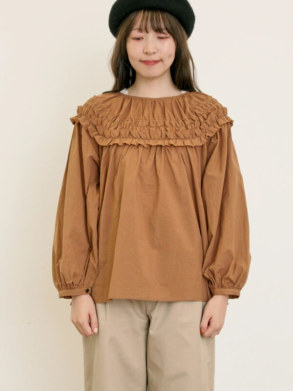 セール】 ◎2WAYギャザーブラウス（オフホワイト/ブラック/ブラウン