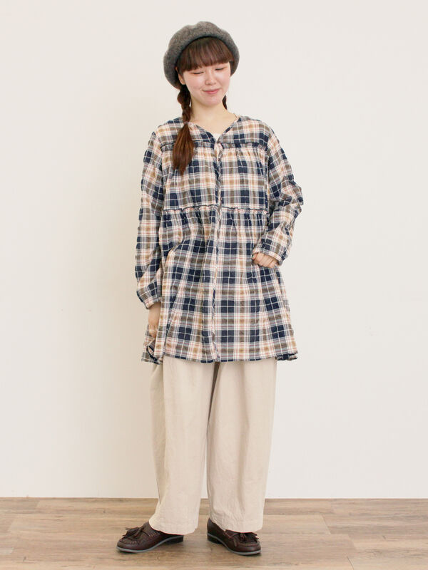 セール】 ◎サッカーチェックチュニック（オフホワイト/ベージュ