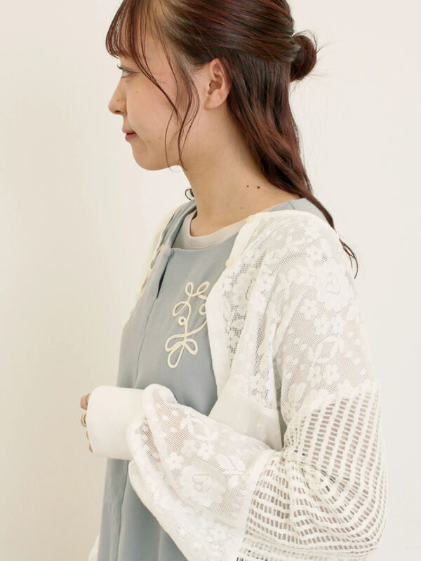 セール】 ◎パッチワークレースカーディガン（ブラック/キナリ