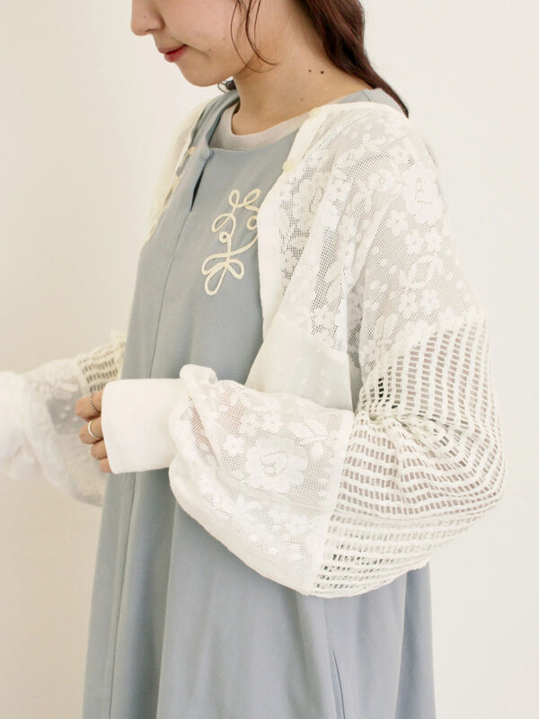 セール】 ◎パッチワークレースカーディガン（ブラック/キナリ