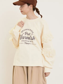 セール】 袖フリル切替えスウェット（チャコールグレー/ボルドー