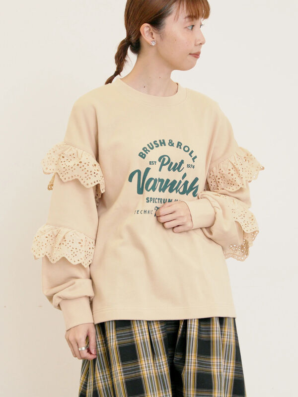 セール】 袖フリル切替えスウェット（チャコールグレー/ボルドー