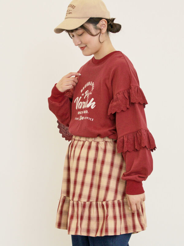 セール】 袖フリル切替えスウェット（チャコールグレー/ボルドー