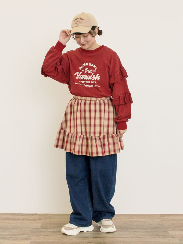 セール】 袖フリル切替えスウェット（チャコールグレー/ボルドー