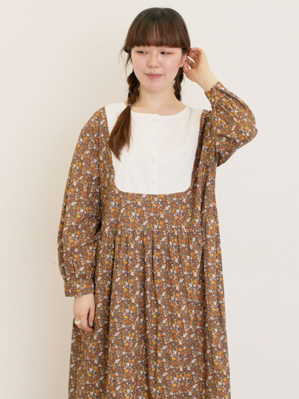 WEB限定】胸元配色花柄ワンピース（チャコールグレー/ブラウン/ミント