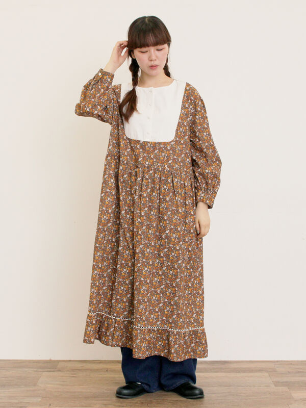WEB限定】胸元配色花柄ワンピース（チャコールグレー/ブラウン/ミント