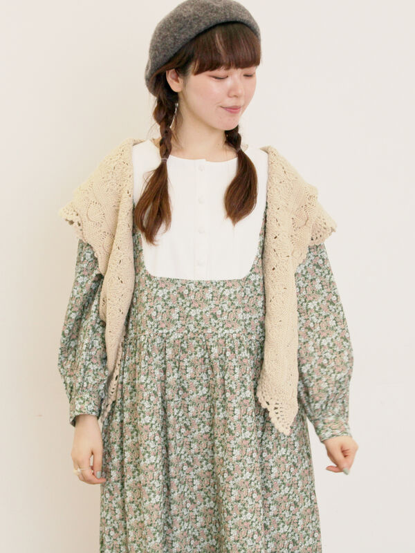 WEB限定】胸元配色花柄ワンピース（チャコールグレー/ブラウン/ミント